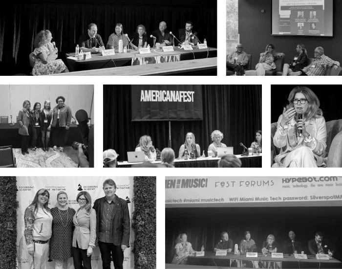 Collage of black and white Speaking Engagement Photos at various venues