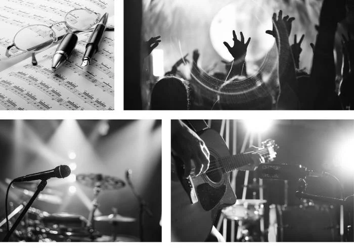 photo collage containing images of music industry in black and white