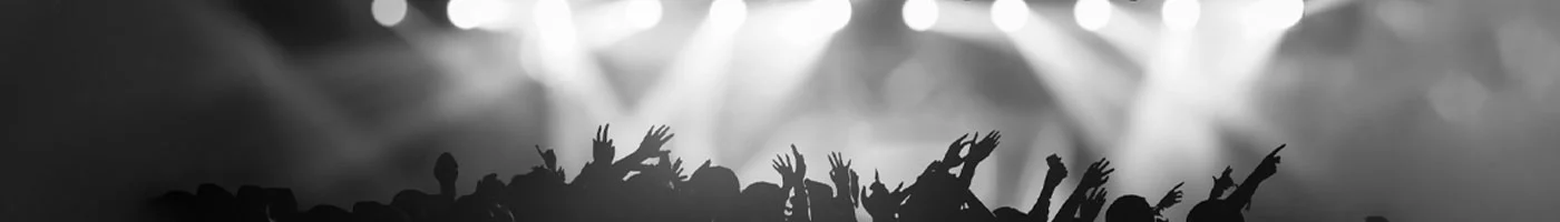 black and white image of hands raised in the air at a concert venue